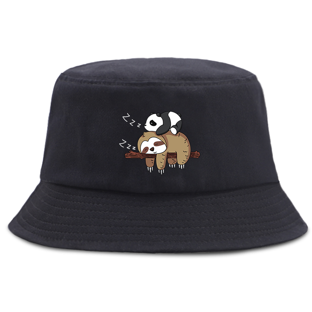 Bucket Hat Cotton - Lazy Panda And Sloth Cartoon Print