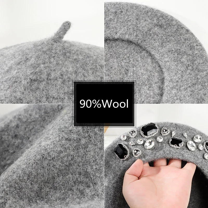 French Beret Thick Rhinestone  - Beret French Wool 리뷰 및 가격